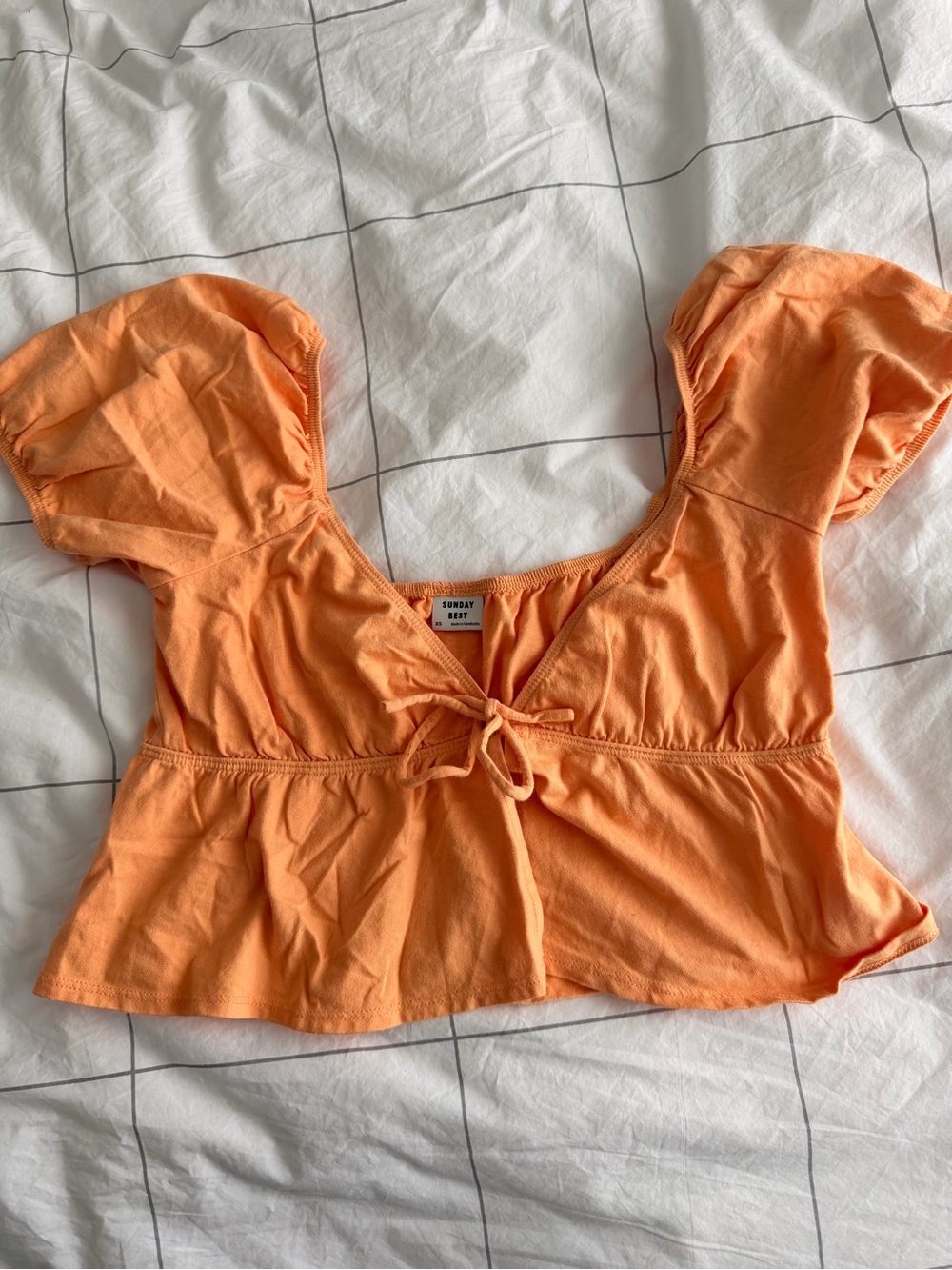Sunday Best Orange Puff-Sleeve Tie-Front Crop Blouse